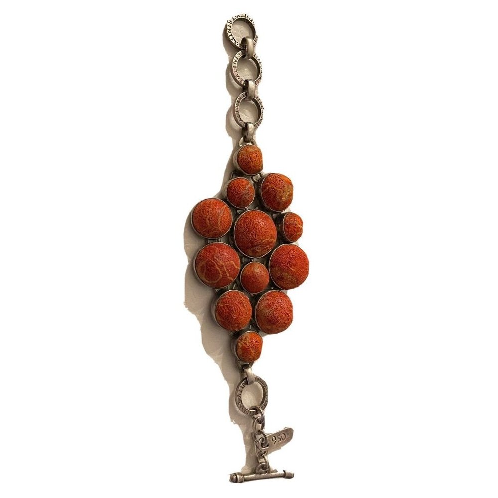 Chunky Natural Red Sponge Coral Bracelet Sterling 950 Cabochon Link Toggle Clasp